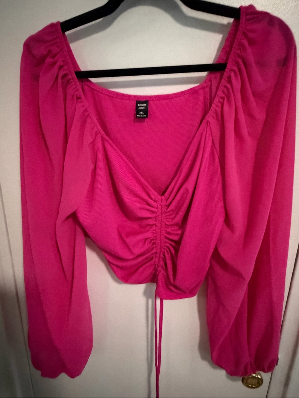 SHEIN Hot Pink Ruched V-Neck Long Sleeve Crop Top